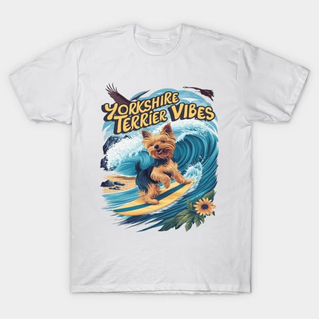 Aquatic Yorkshire Terrier Surfing the Wave T-Shirt by coollooks